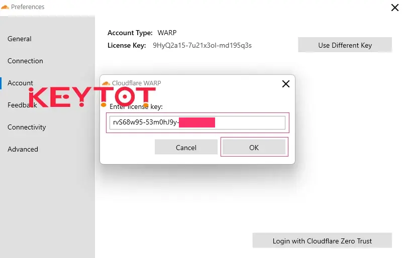 nhập Cloudflare 1.1.1.1 WARP+ key